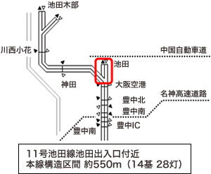 図：11号池田線池田出入口付近／本線構造区間 約550m（14基 28灯）