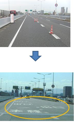 画像：１７号西大阪線北津守料金所の先に本線及び出口を案内する路面表示を設置