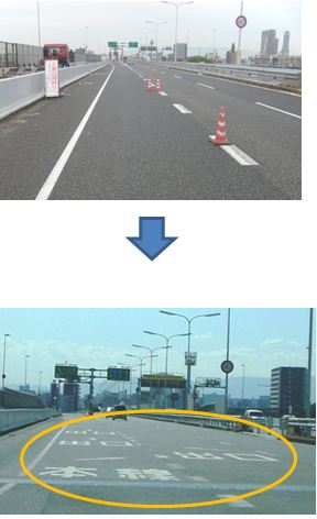 画像:17号西大阪線北津守料金所の先に本線及び出口を案内する路面表示を設置