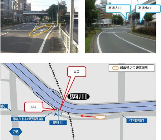 画像：駒川入口へと繋がる側道の入口に「高速入口」の路面標示を設置