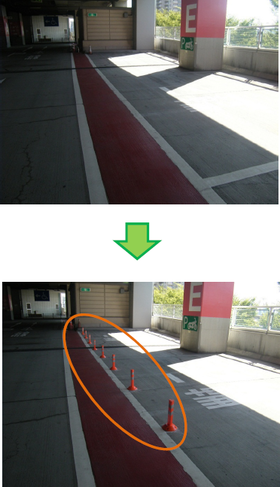 画像:泉大津PAにて、二輪車が駐車できるようにポストコーンを設置