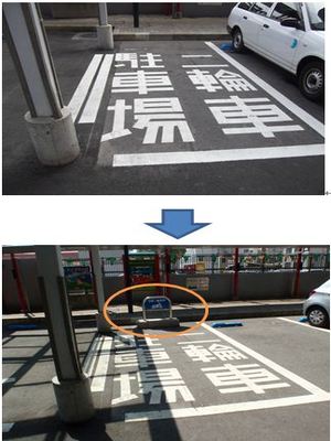 画像:京橋(東行)PA内の自動二輪スペースにて、自動二輪スペースを確認していただきやすいように駐輪標識を設置