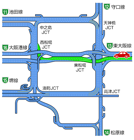 イラスト：東大阪線から環状線（北行）方面への合流マップ