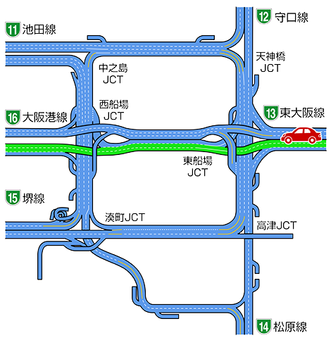 イラスト：東大阪線から神戸線方面への合流マップ