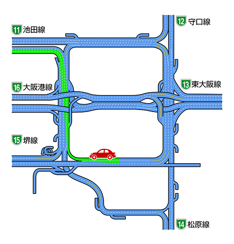 イラスト:環状線(千日前方面)から池田線方面への合流マップ