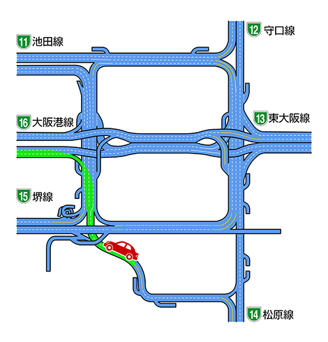 イラスト：環状線から神戸・湾岸方面への合流マップ