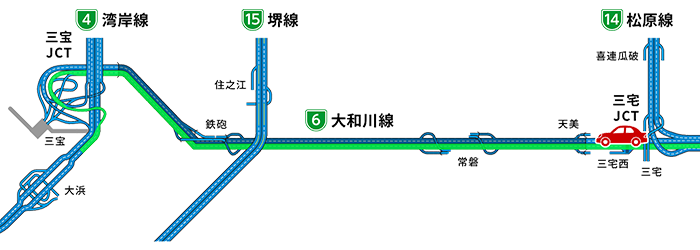 イラスト：松原方面から4号湾岸線下り(南行)方面への合流マップ