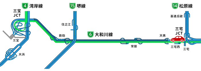 イラスト：松原方面から4号湾岸線上り(北行)方面への合流マップ