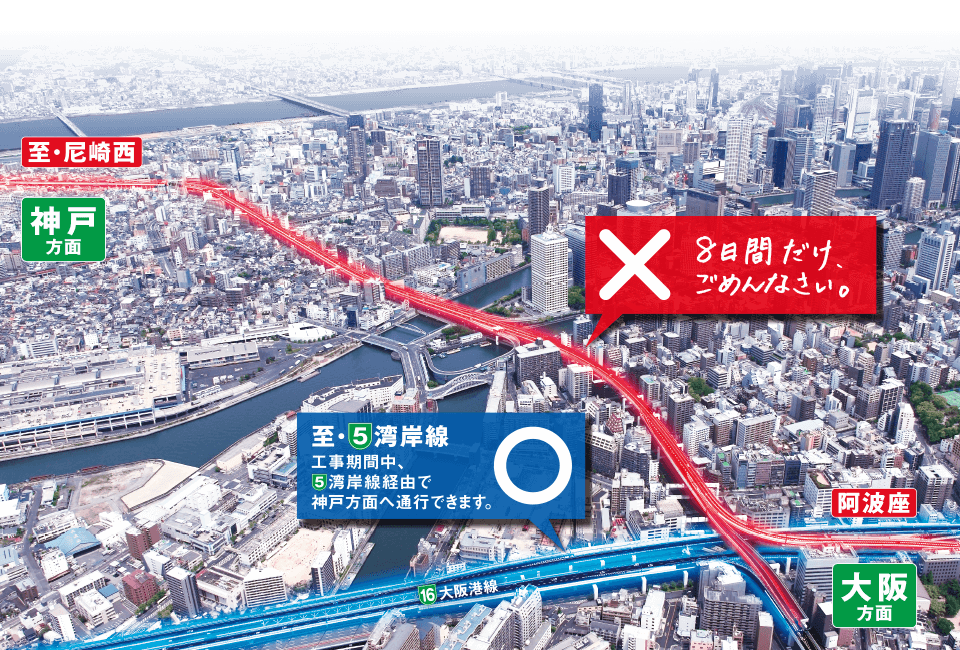 8日間だけ、ごめんなさい。工事期間中、5号湾岸線経由で神戸方面へ通行できます。
