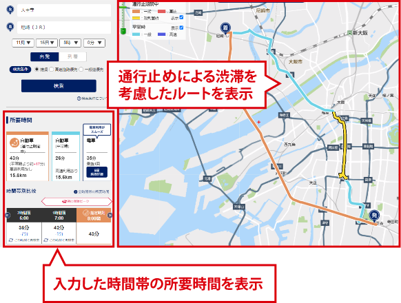 通行止による渋滞を考慮したルートを表示 入力した時間帯の所要時間を表示